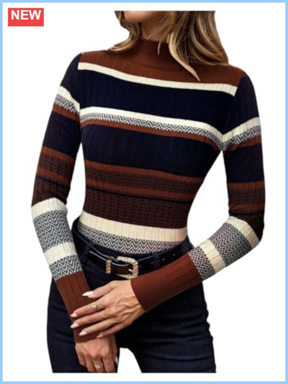 Striped Mock Neck Color Block Knit Pullover Sweater Long Sleeve